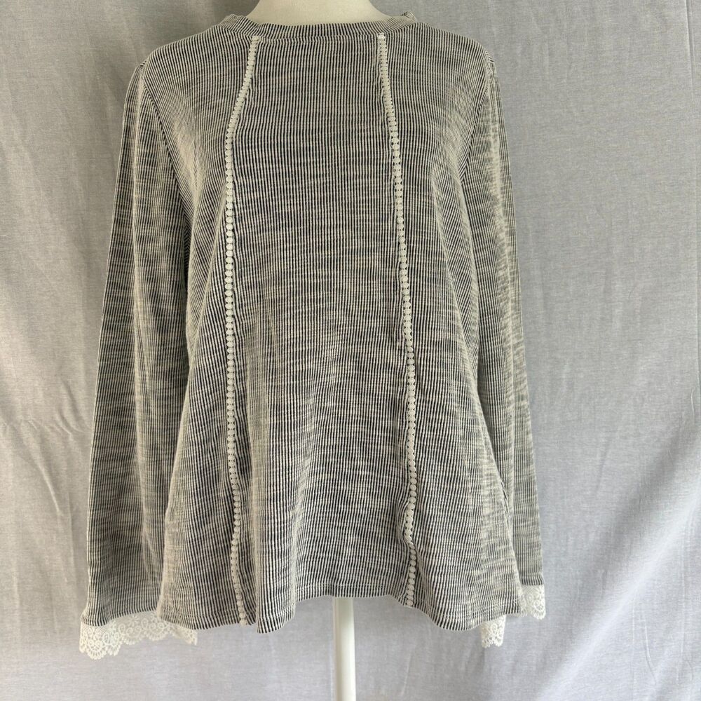Bellamie XL Black White Striped Lace Trim Tunic Top Boho Cottagecore